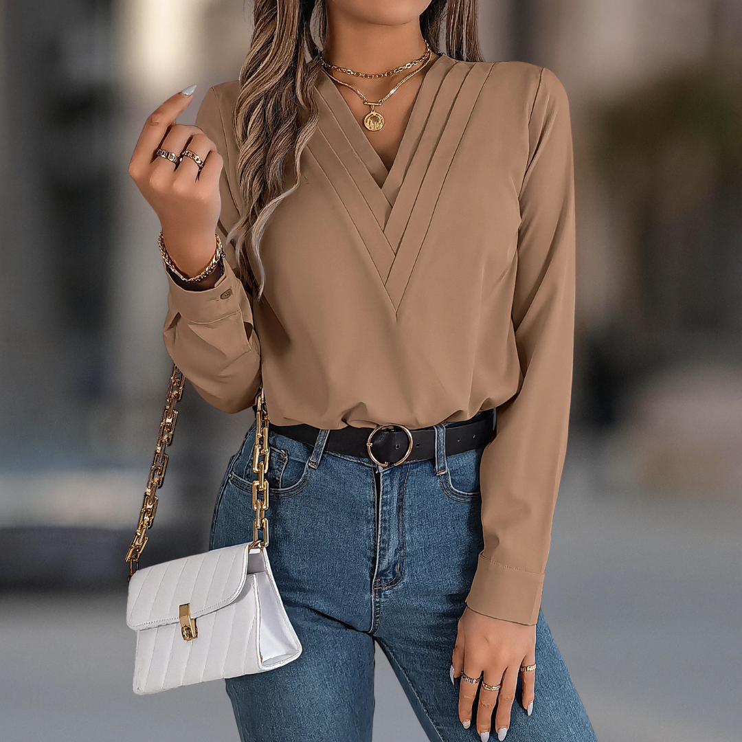 Anastasia Luxe V-Neck Pleated Long Sleeve Blouse for Women