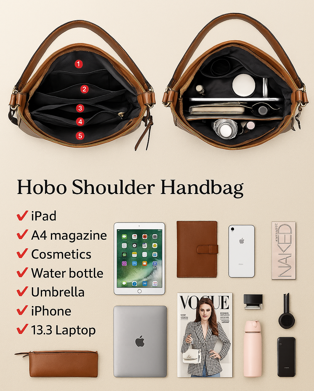Luxurious leather hobo anti-theft handbag