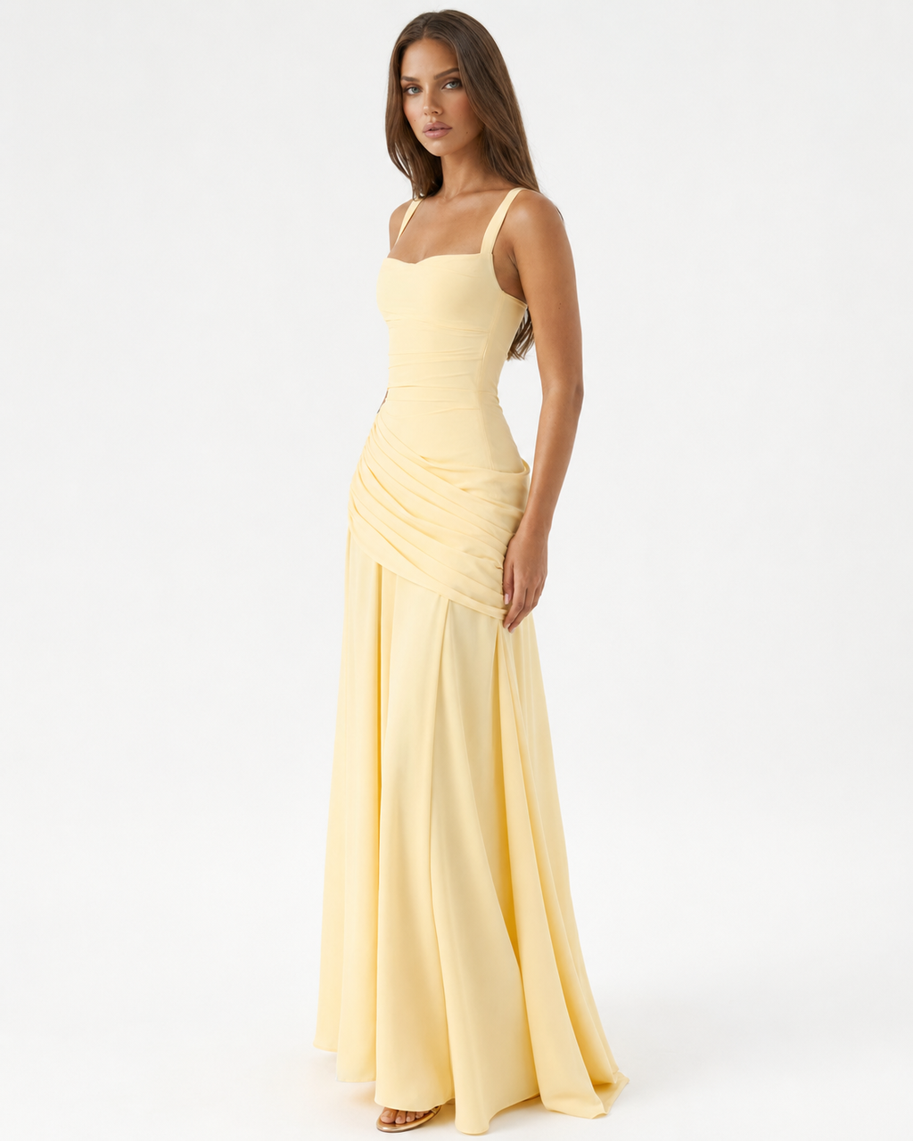 ENIE | Maxikleid mit gerafftem, eckigem Dekolleté