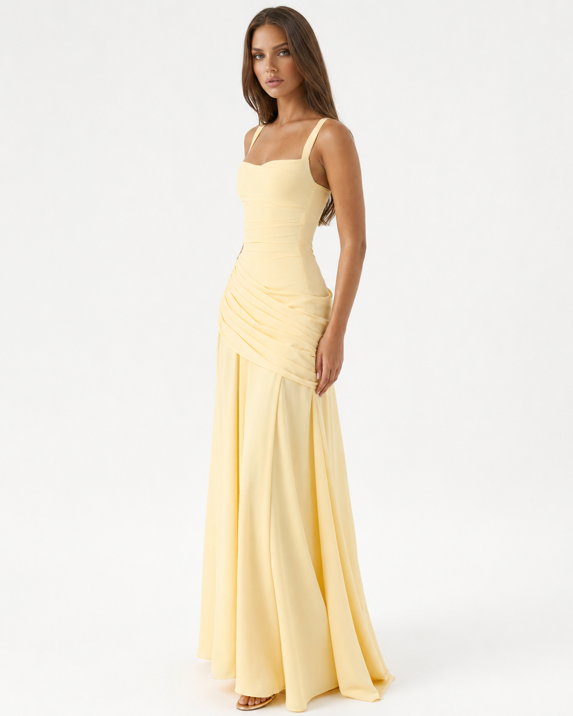 ENIE | Maxikleid mit gerafftem, eckigem Dekolleté