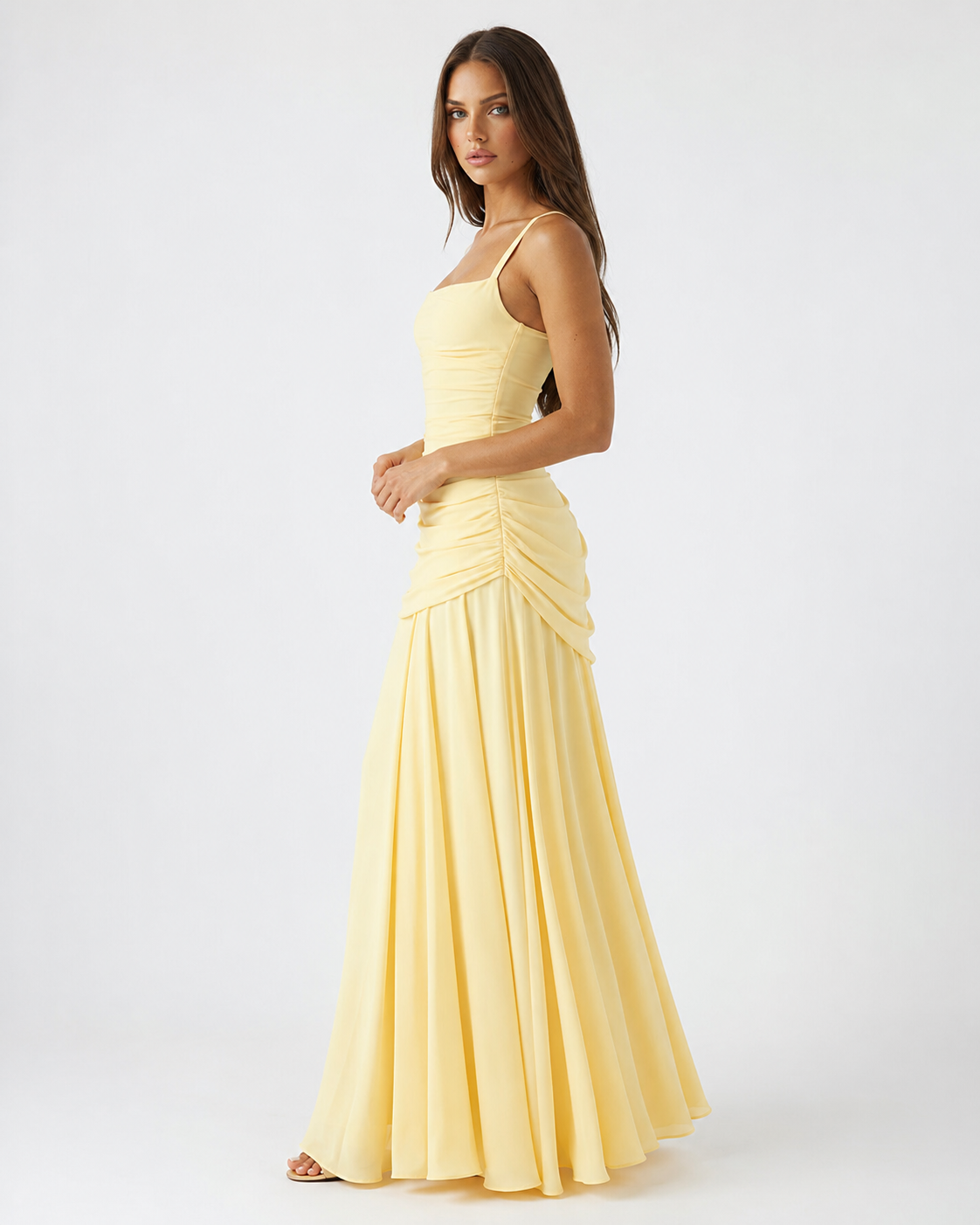 ENIE | Maxikleid mit gerafftem, eckigem Dekolleté