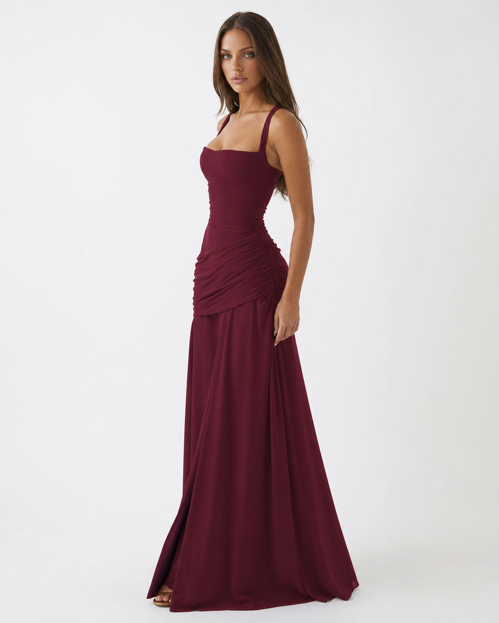 ENIE | Maxikleid mit gerafftem, eckigem Dekolleté