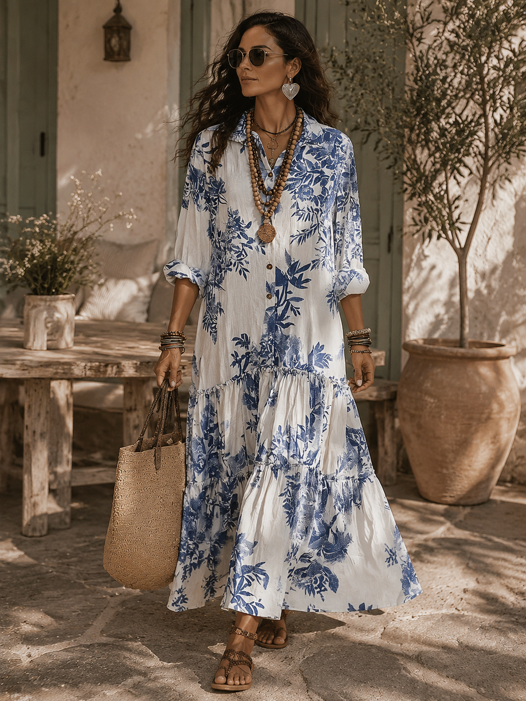 Boho-Stil Maxikleid mit Blumenmuster und Rüschen