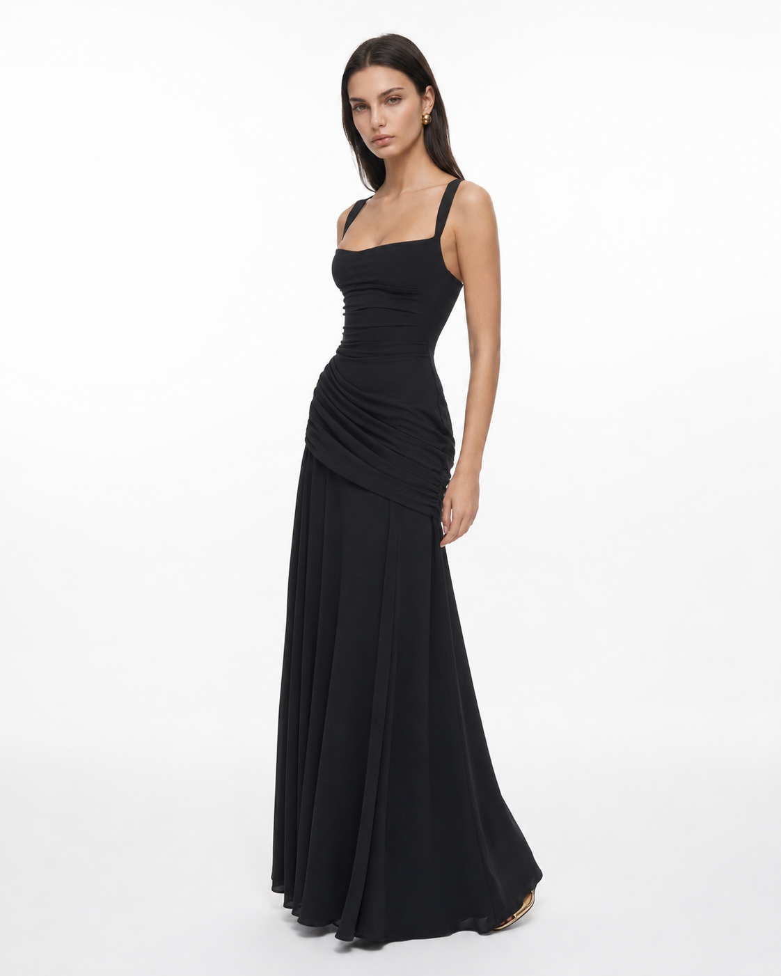 ENIE | Maxikleid mit gerafftem, eckigem Dekolleté