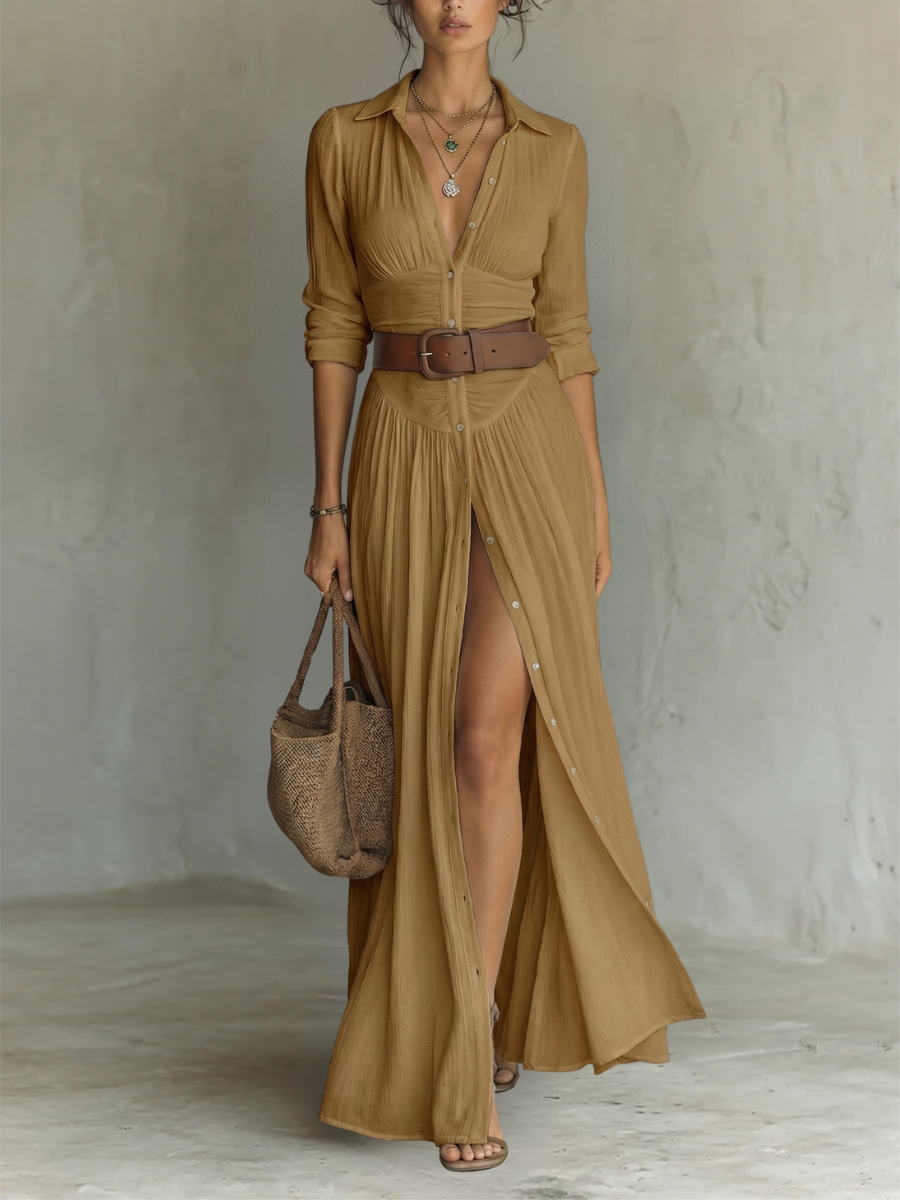 Women's linen maxi dress with lapel collar and long sleeves.