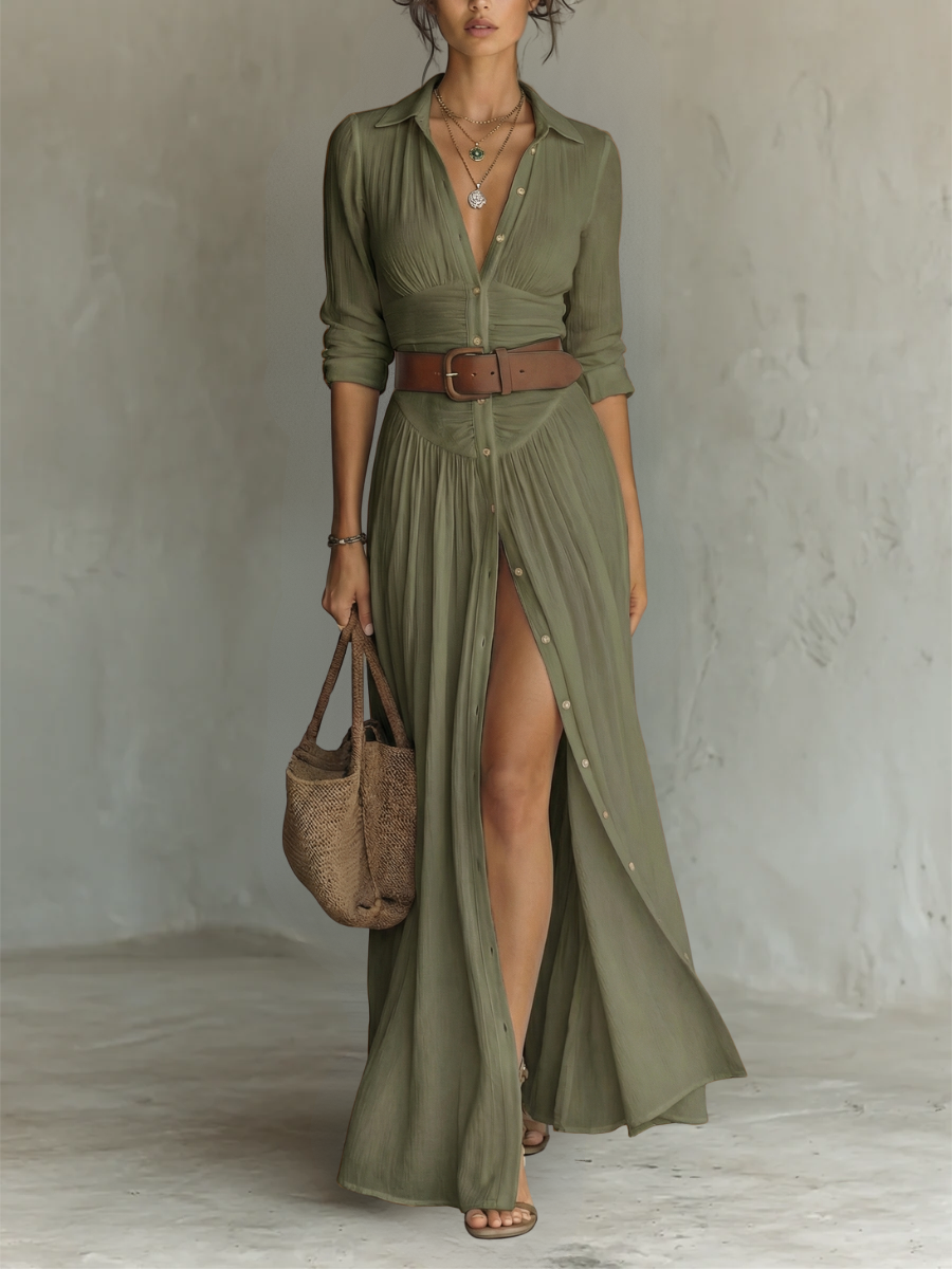 Women's linen maxi dress with lapel collar and long sleeves.