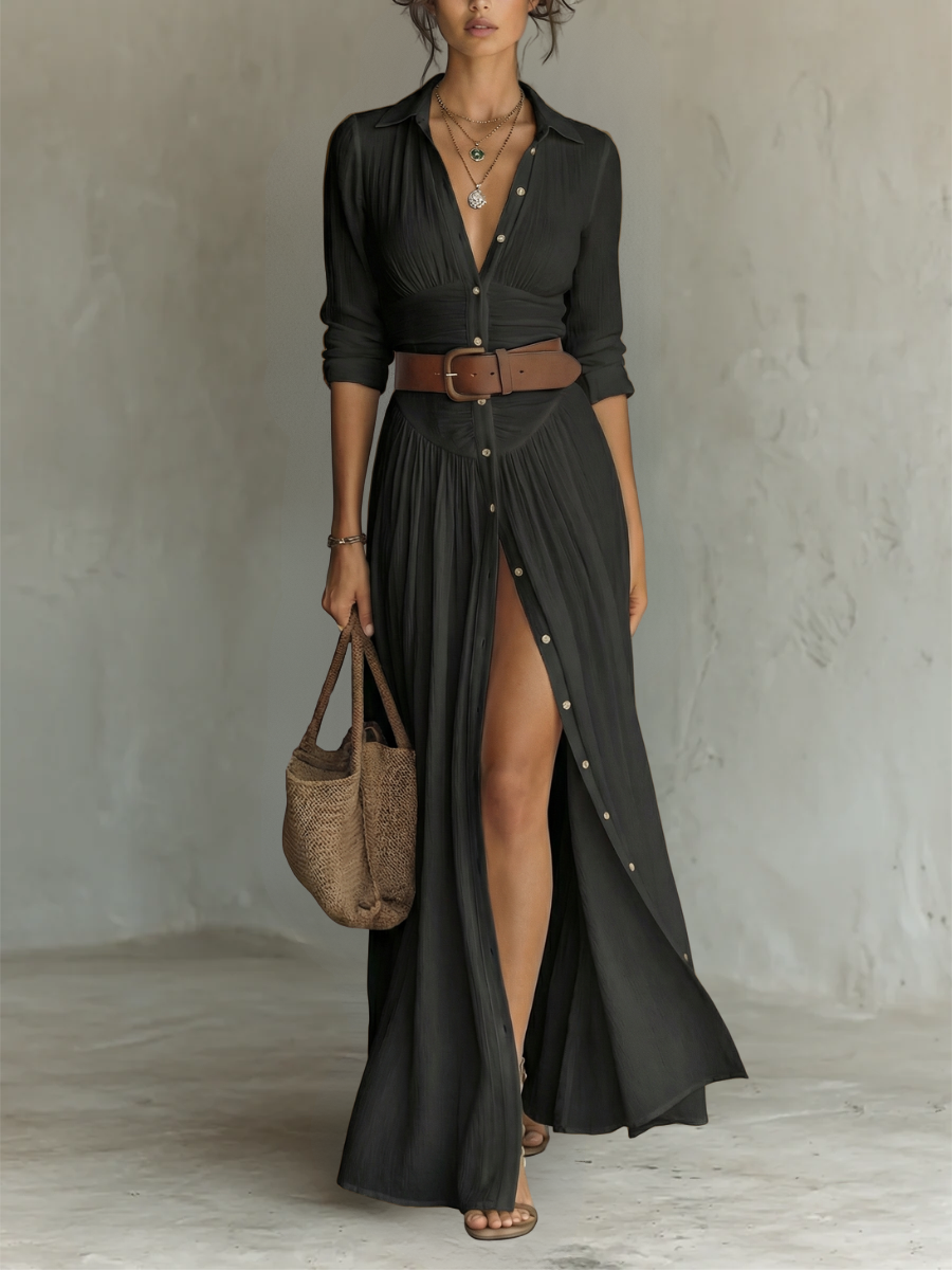 Women's linen maxi dress with lapel collar and long sleeves.