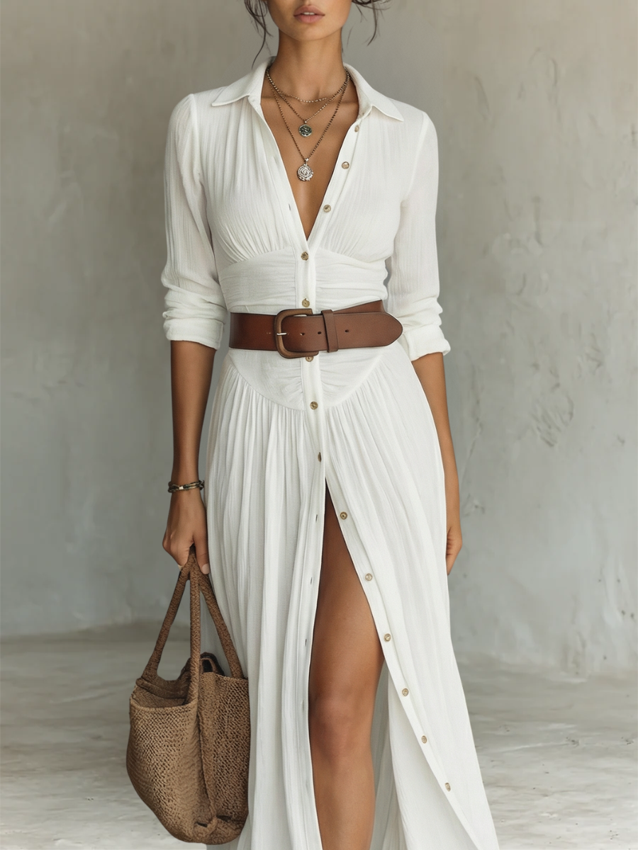 Women's linen maxi dress with lapel collar and long sleeves.