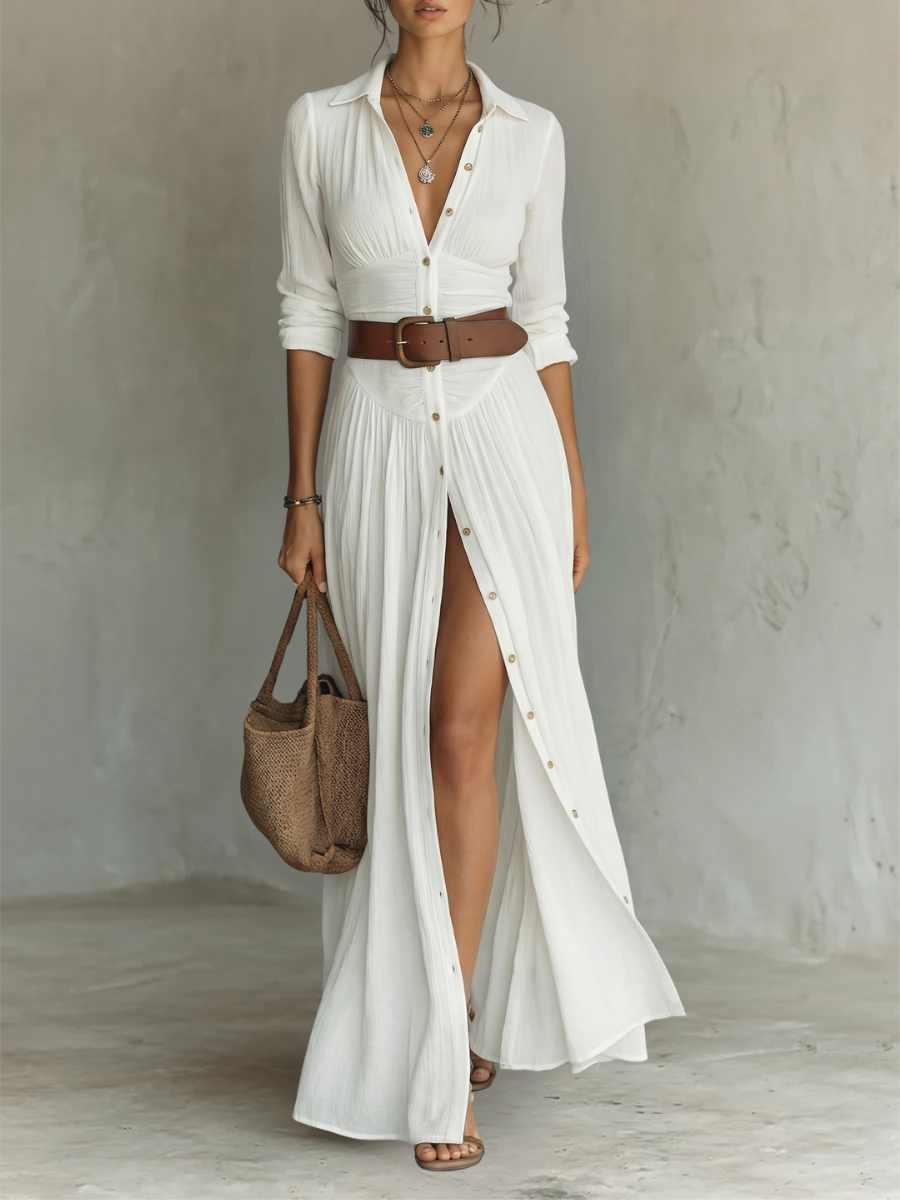 Women's linen maxi dress with lapel collar and long sleeves.