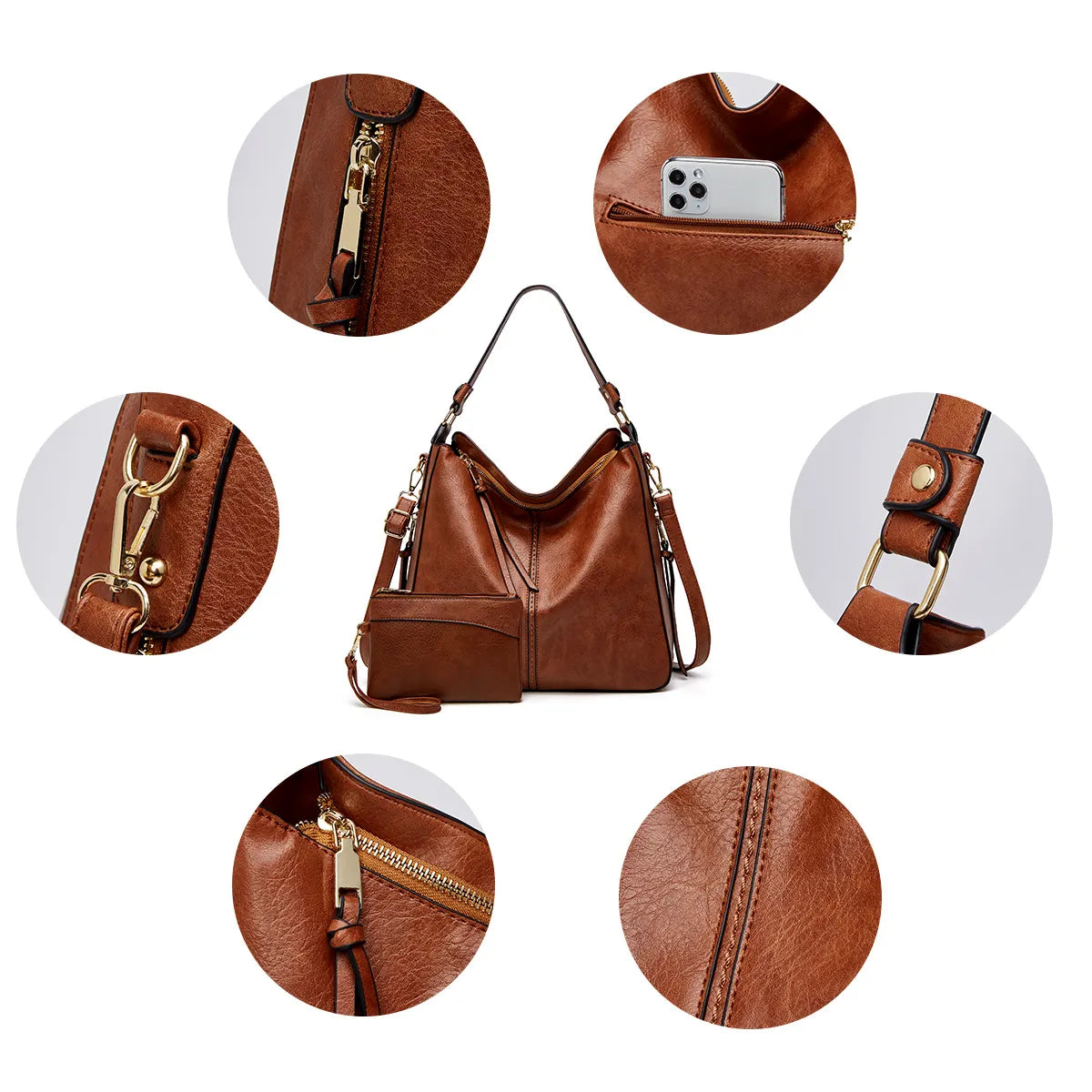 Luxurious leather hobo anti-theft handbag