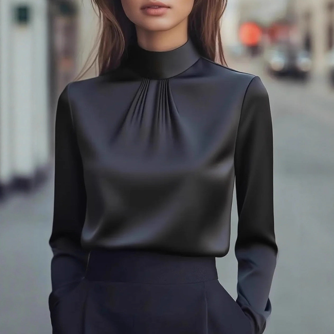 Isabelle Luxe satin women's blouse with high collar