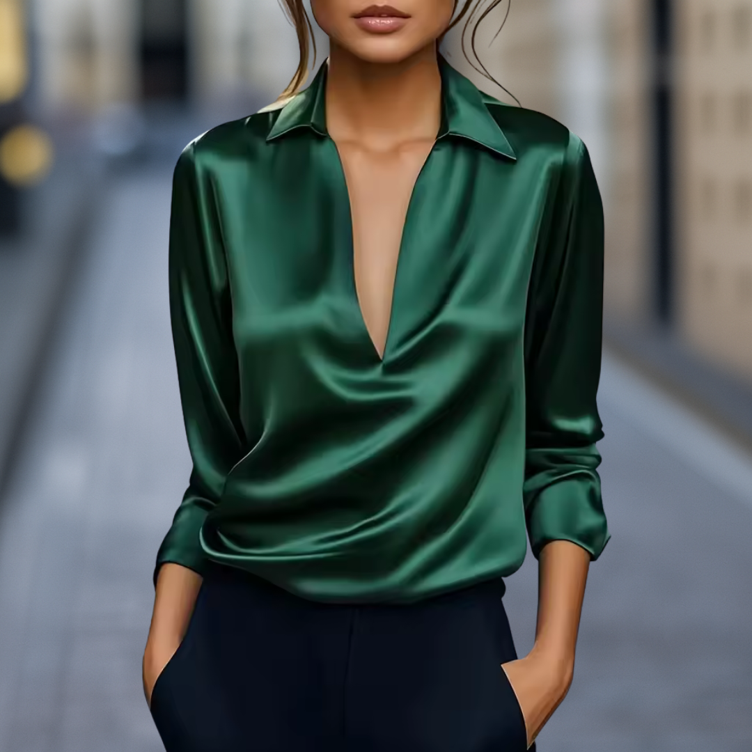 Tokyo Elegant satin blouse with draping and deep V-neck