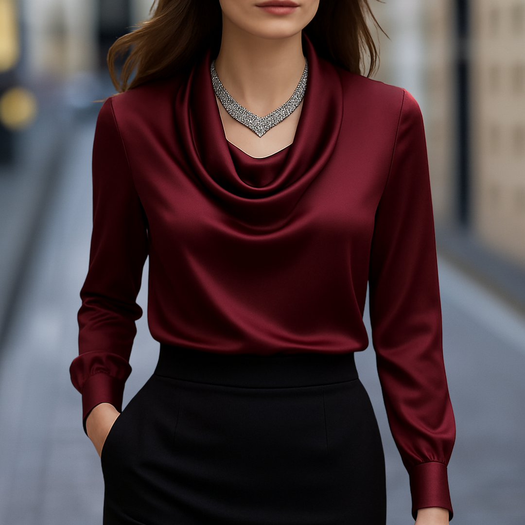 Athena Elegant satin blouse for women with a draped neckline