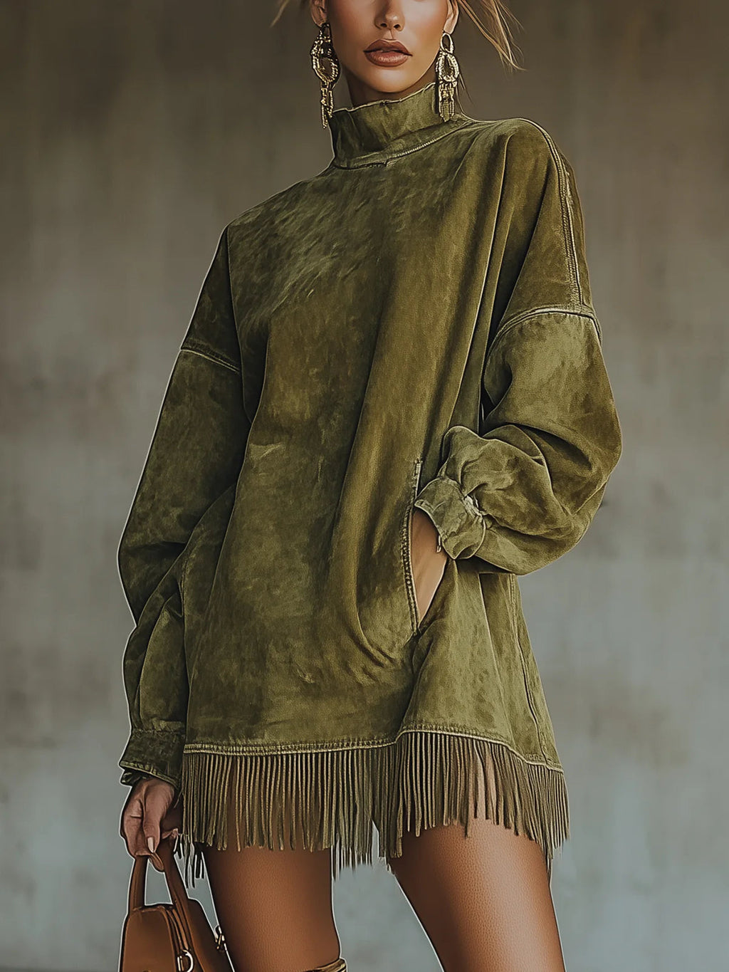 Amalia | Kleid mit hohem Kragen und Fransen-Details