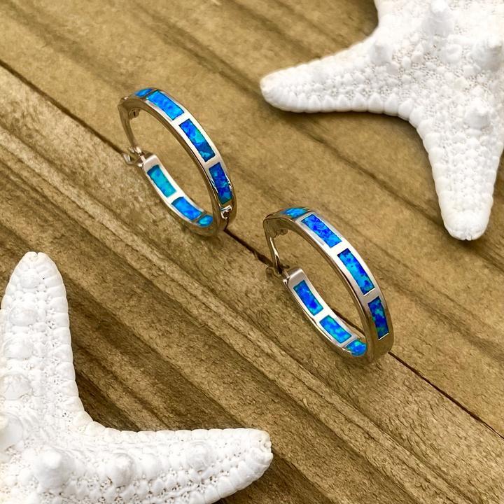 Élégantes créoles en argent, d'inspiration bleu océan, ornées d'opale