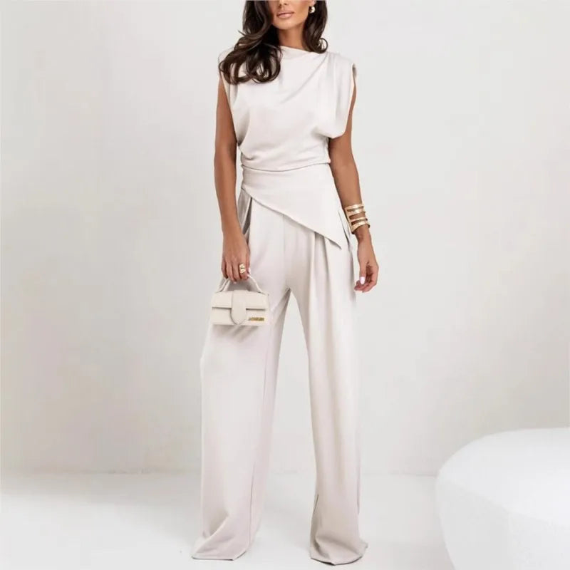 Women's two-piece set with an asymmetrical top and wide-leg pants