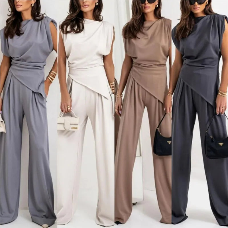 Women's two-piece set with an asymmetrical top and wide-leg pants