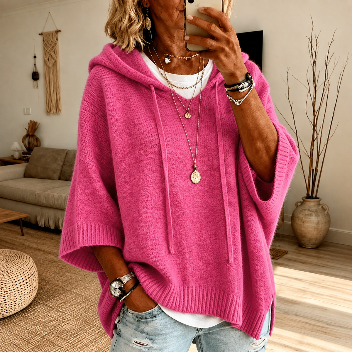 Cléa – Pull poncho rose chic