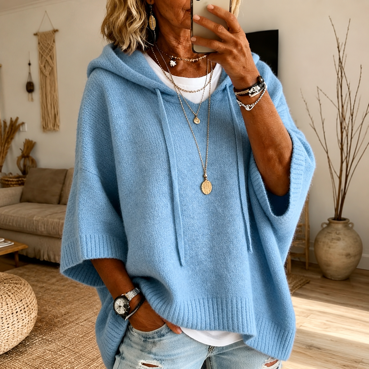 Lila – Pull style poncho bleu ciel