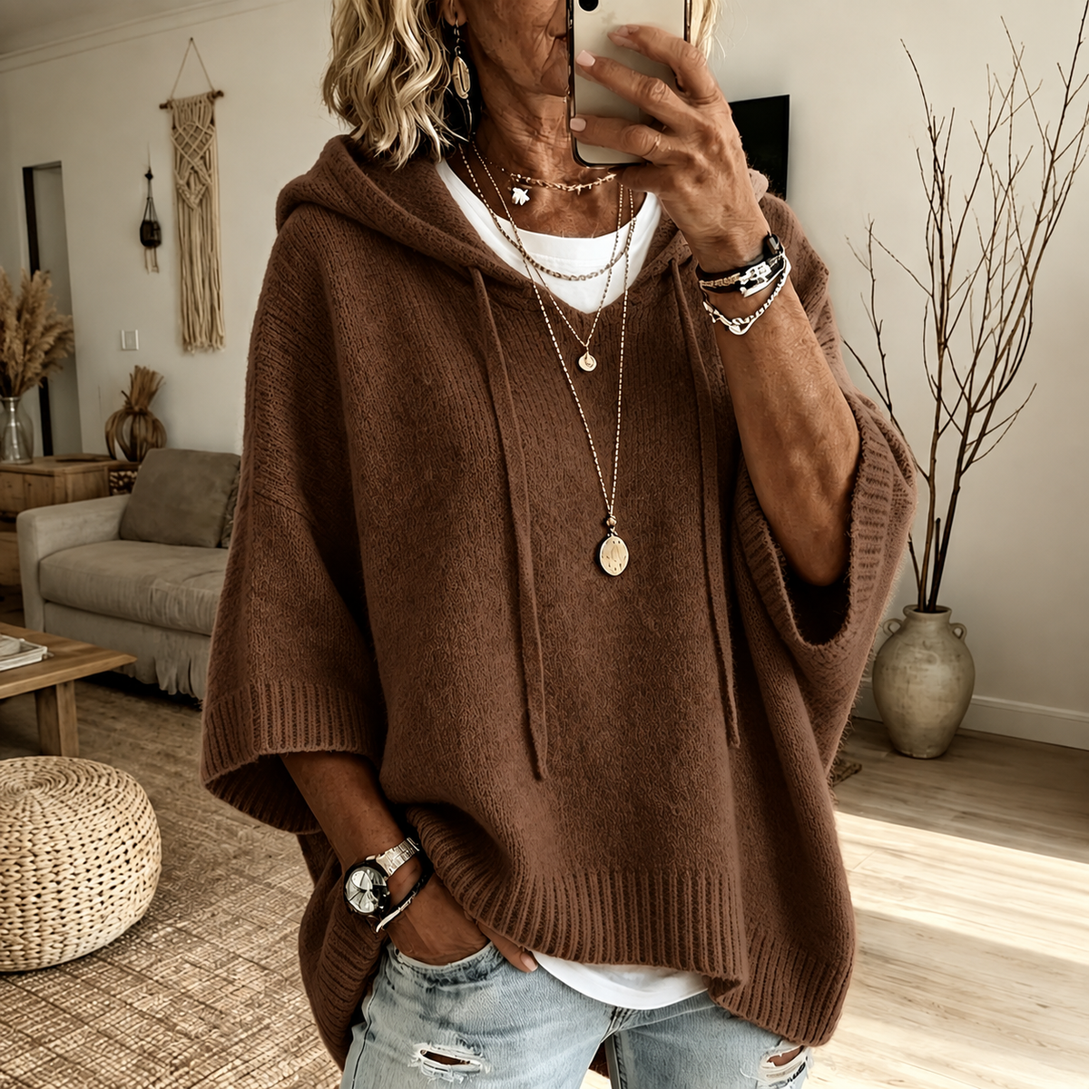 Louisa – Pull poncho marron douillet
