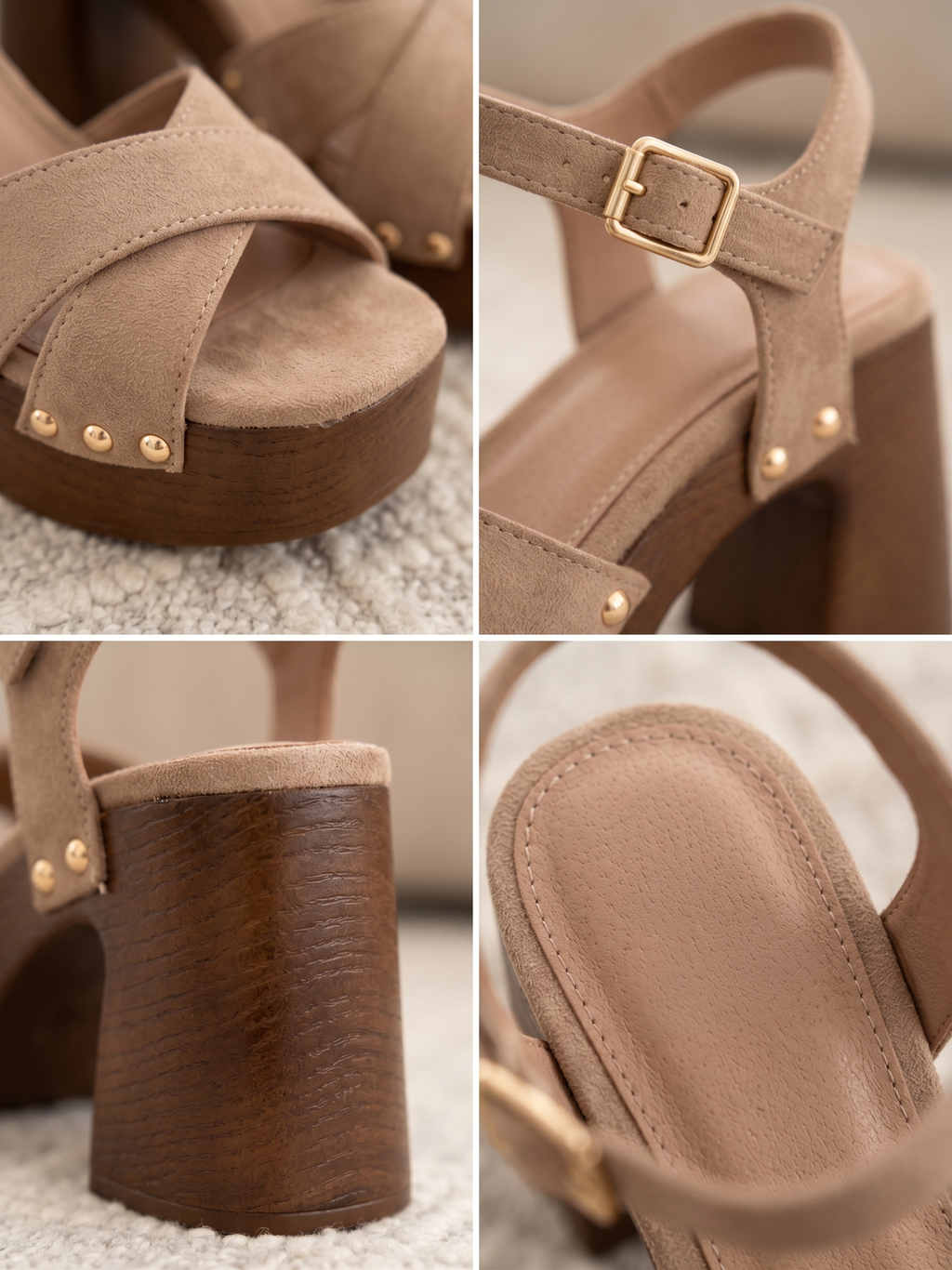 Gaia Sandalen – Taupe mit überkreuzten Riemen und goldenen Nieten