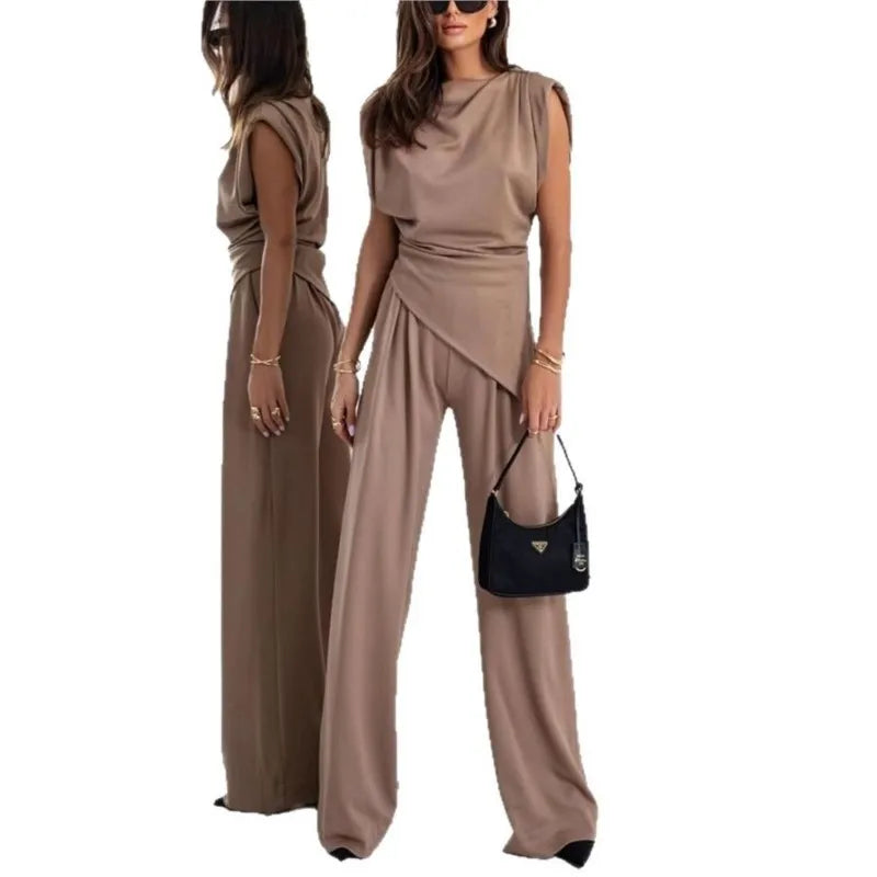 Women's two-piece set with an asymmetrical top and wide-leg pants