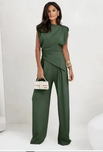 Women's two-piece set with an asymmetrical top and wide-leg pants