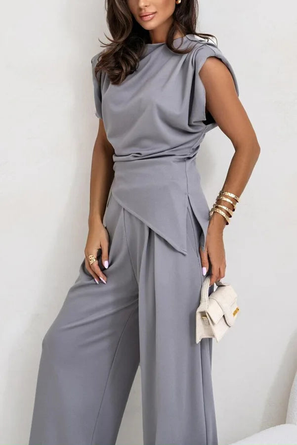 Women's two-piece set with an asymmetrical top and wide-leg pants