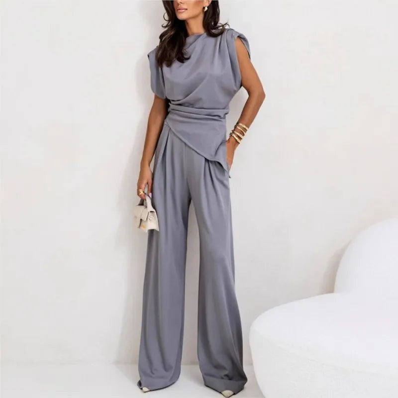 Women's two-piece set with an asymmetrical top and wide-leg pants