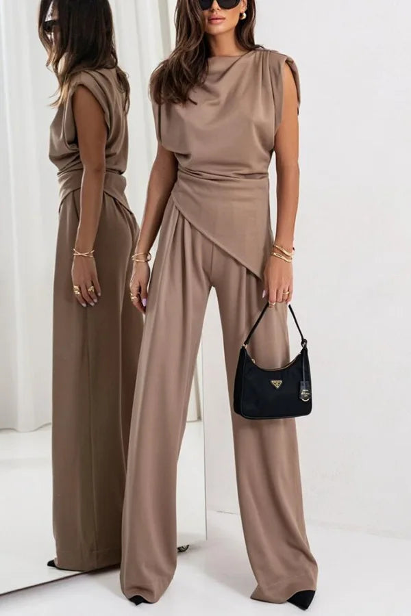 Women's two-piece set with an asymmetrical top and wide-leg pants