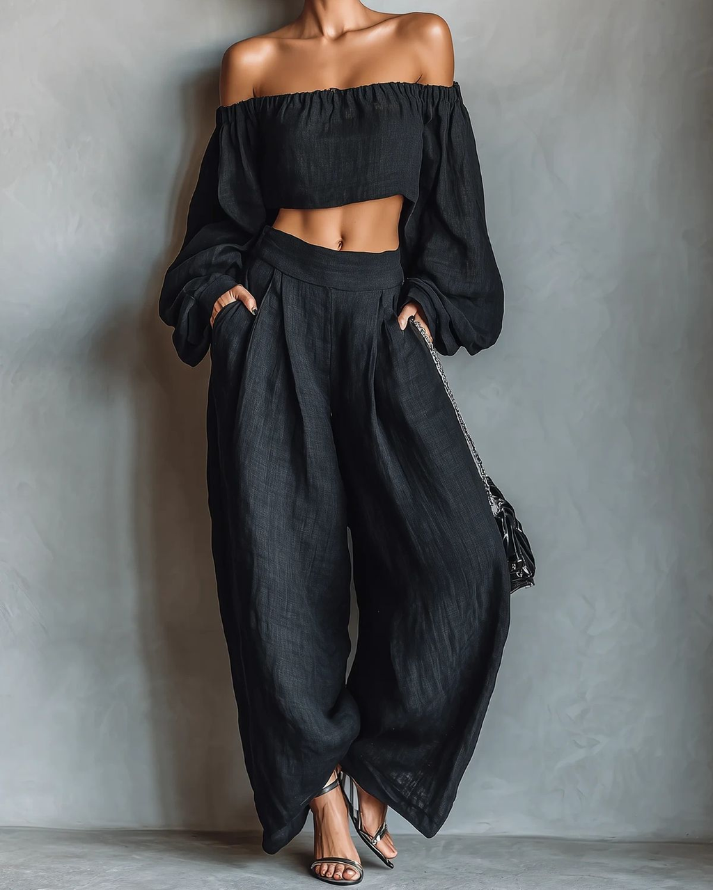 Tess™ || Off-shoulder neckline set with wide trousers