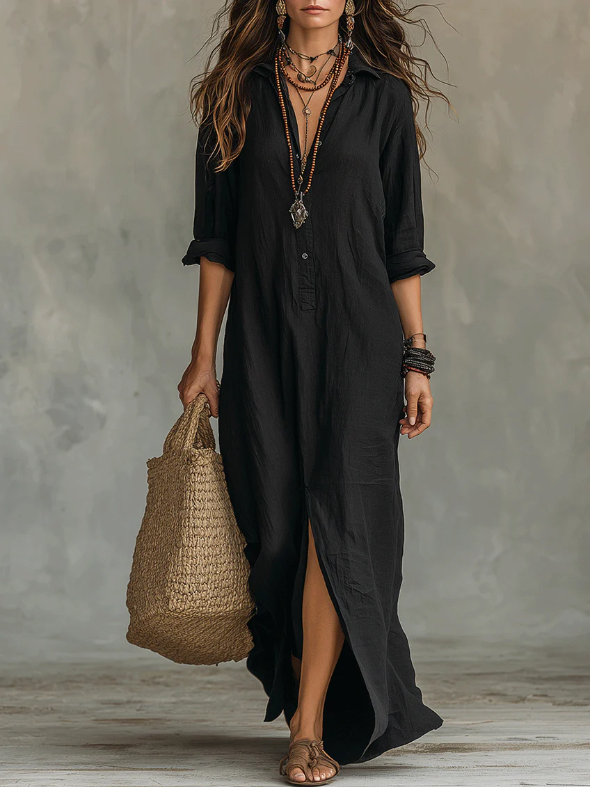 Soline™ | Weites schwarzes Maxi-Kleid mit Knöpfen
