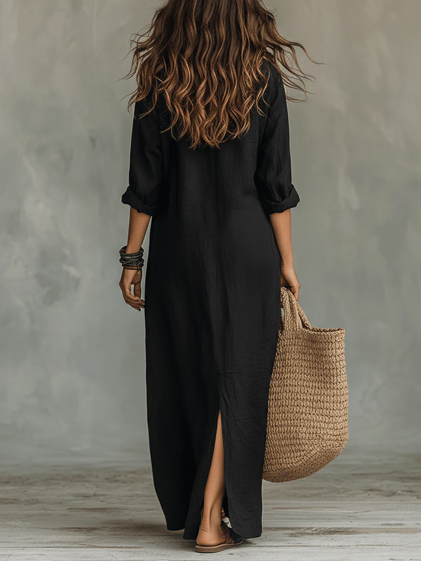 Soline™ | Weites schwarzes Maxi-Kleid mit Knöpfen