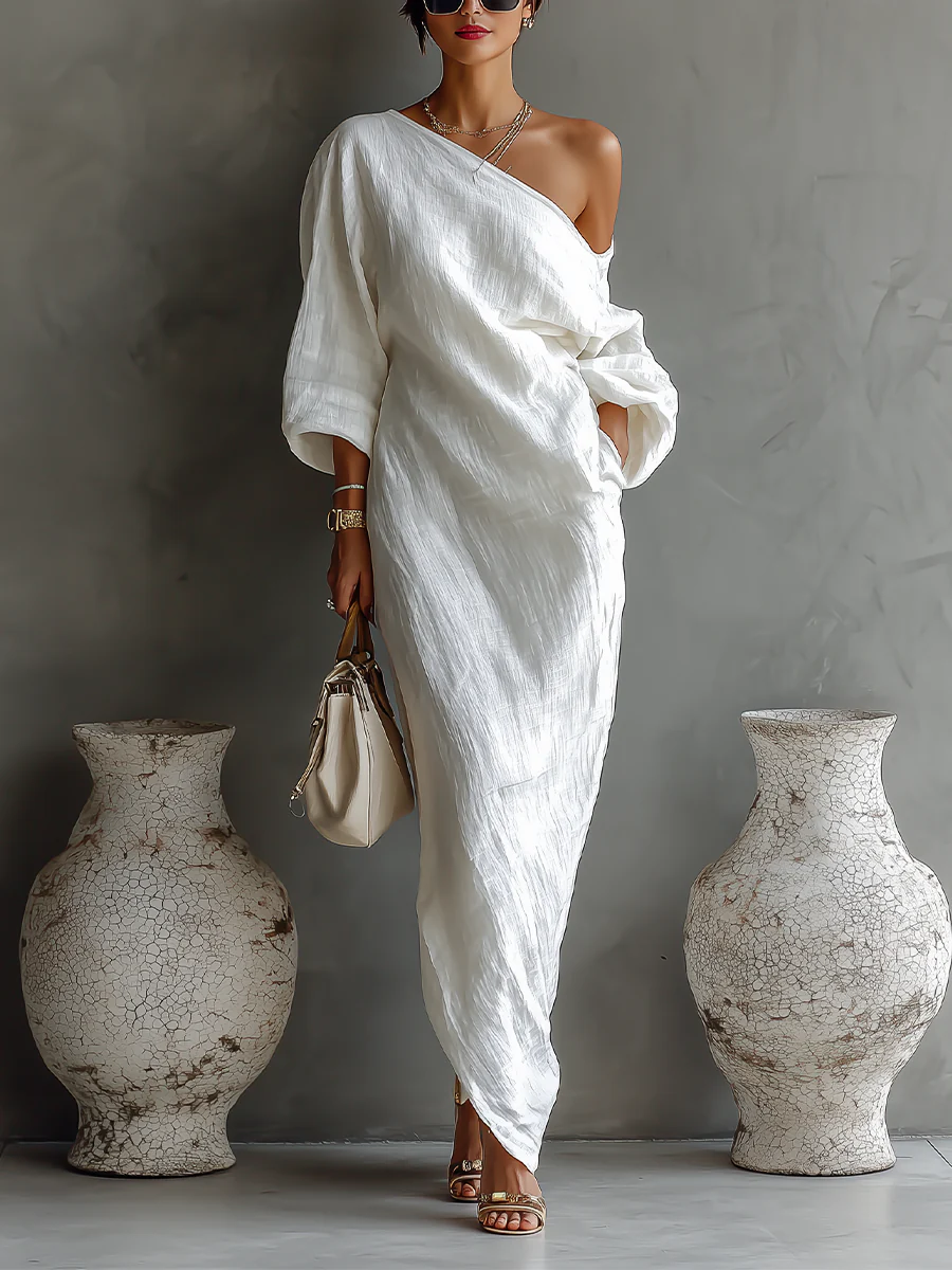 Elise™ | Elegant white off-the-shoulder maxi dress