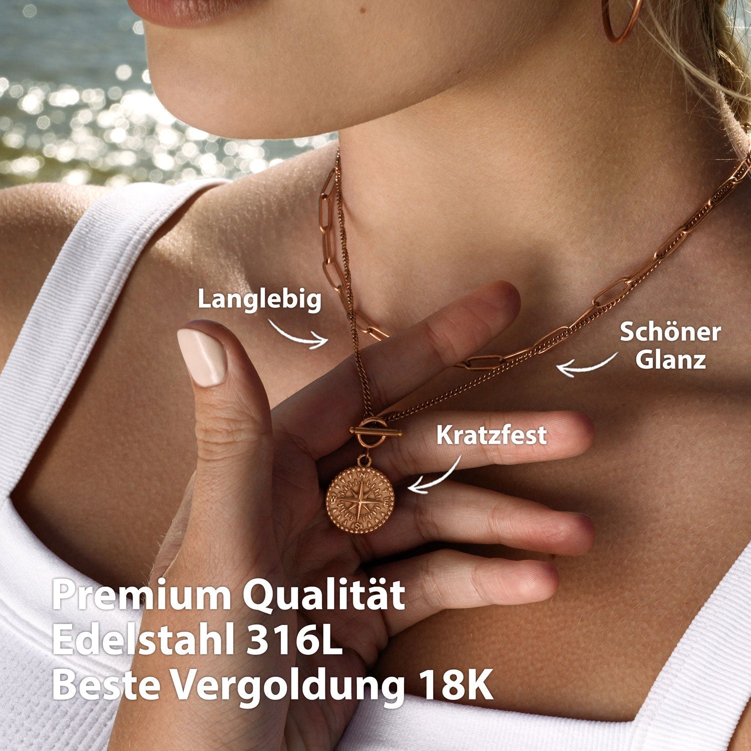 BonnyCompass Kette mit Kompass Anhänger Rosegold