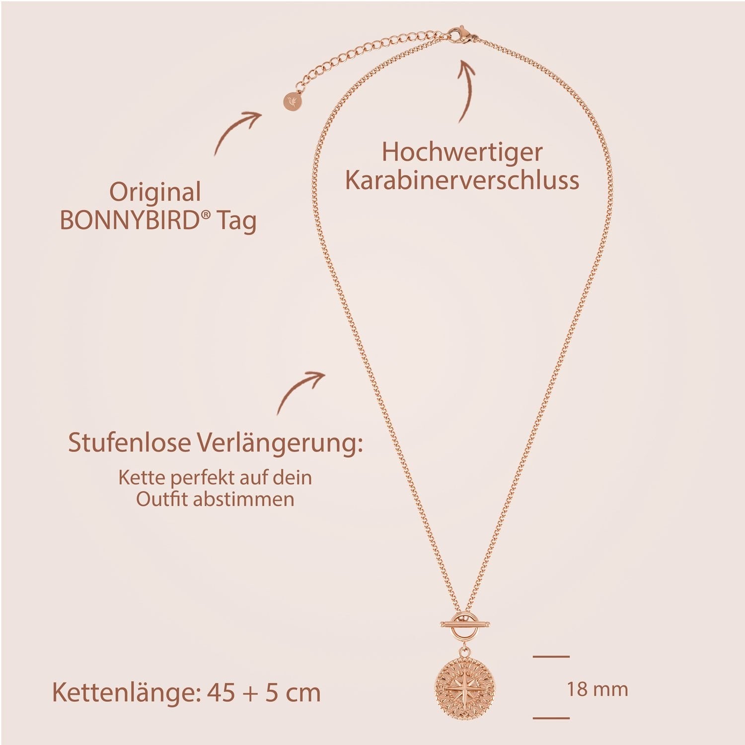 BonnyCompass Kette mit Kompass Anhänger Rosegold