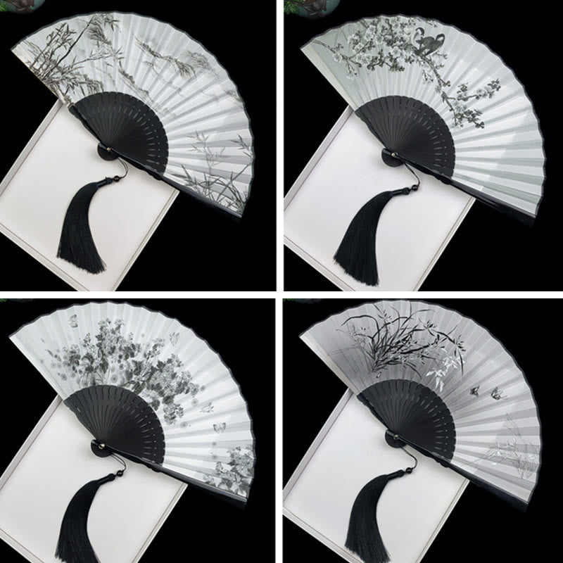 Vintage Buddha Stones Silk Hand Fan with Bamboo Frame - Peony Butterfly Lotus Design