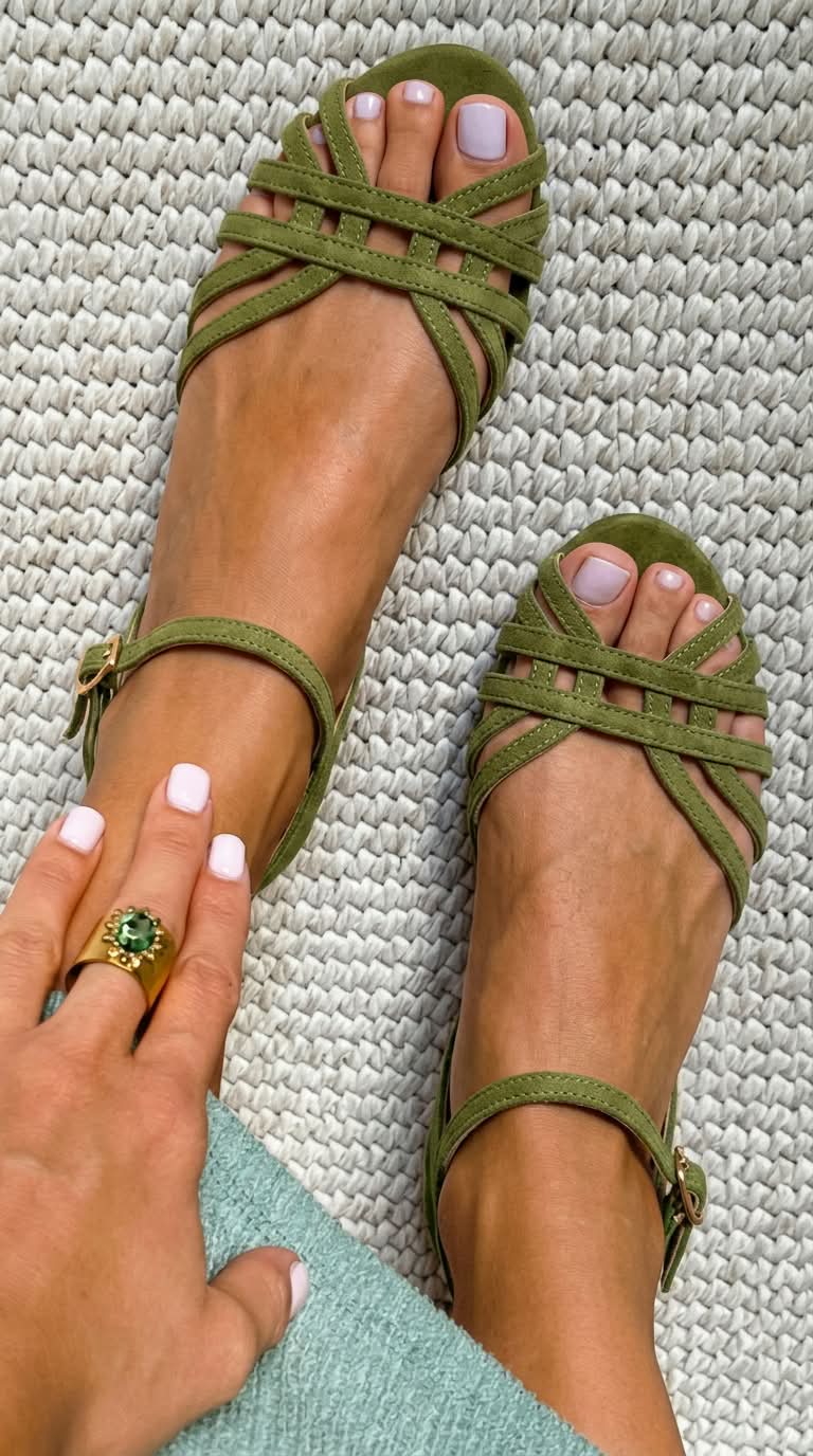 Wildleder-Sandalen mit niedrigem Absatz, Knöchelriemen und mehreren Riemen