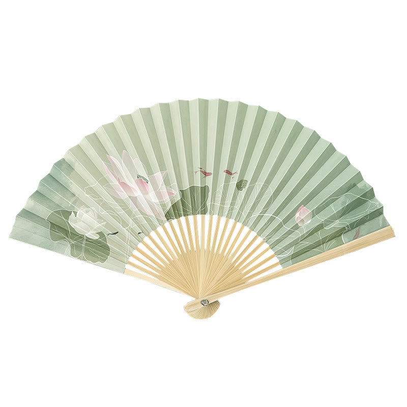 Handgefertigter Papier-Bambus-Faltfächer mit Buddha-Steinen, Lotusblumen, Blättern und Koi-Fischen