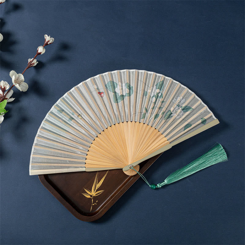 Faltbarer Handfächer aus Seide und Bambus mit Buddha-Motiven, Lotus, Begonie, Blume und Jasmin – 21 cm
