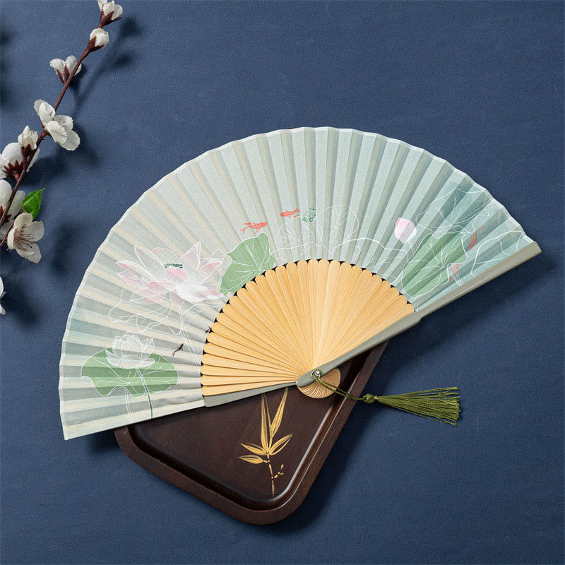 Faltbarer Handfächer aus Seide und Bambus mit Buddha-Motiven, Lotus, Begonie, Blume und Jasmin – 21 cm