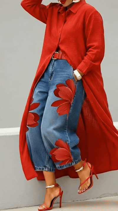 Red floral set: jeans and shirt 🌼