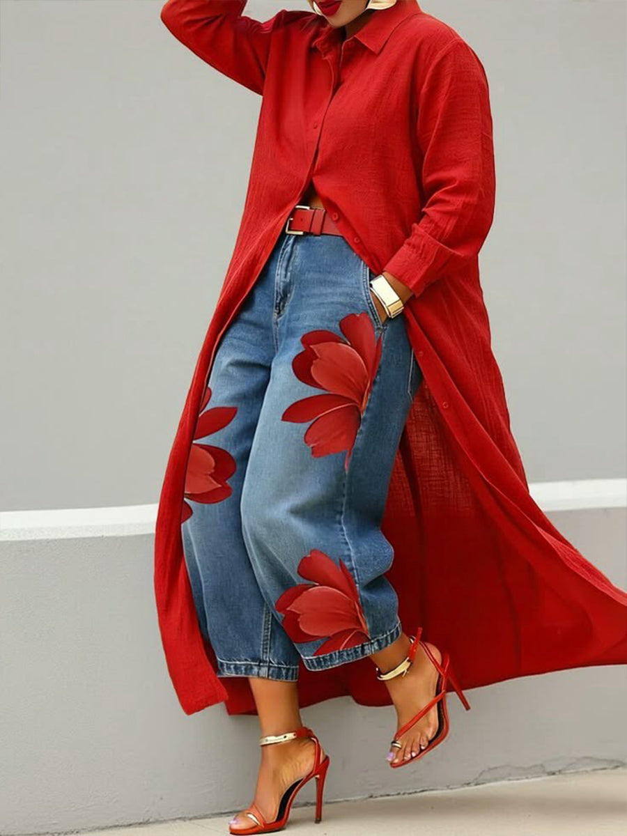 Red floral set: jeans and shirt 🌼