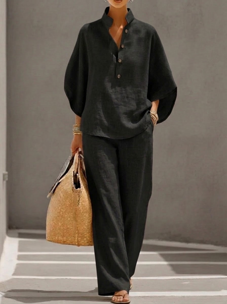 Mariel | Linen suit with batwing sleeves and wide legs