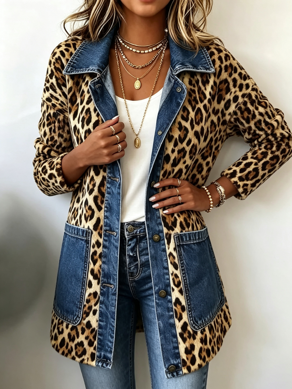 Lorena | Veste longue en denim à imprimé léopard