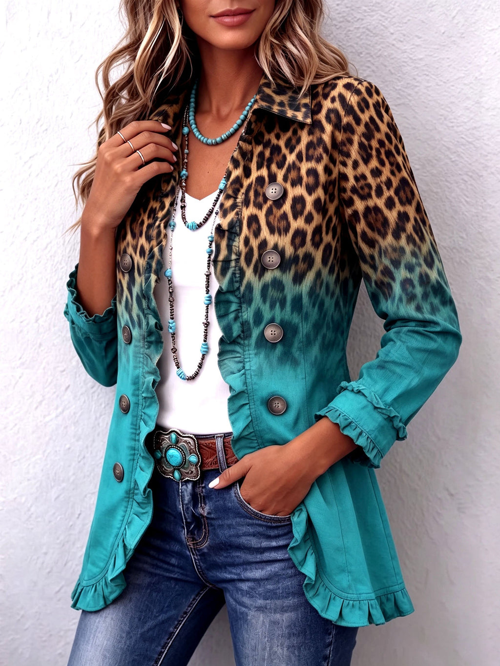 Mercedes | Blazer mit Rüschen im Leoparden-Farbverlauf-Design