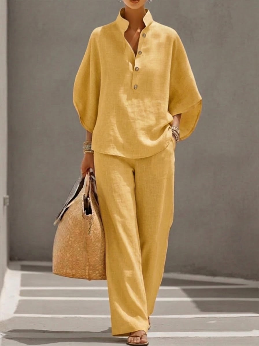 Mariel | Linen suit with batwing sleeves and wide legs