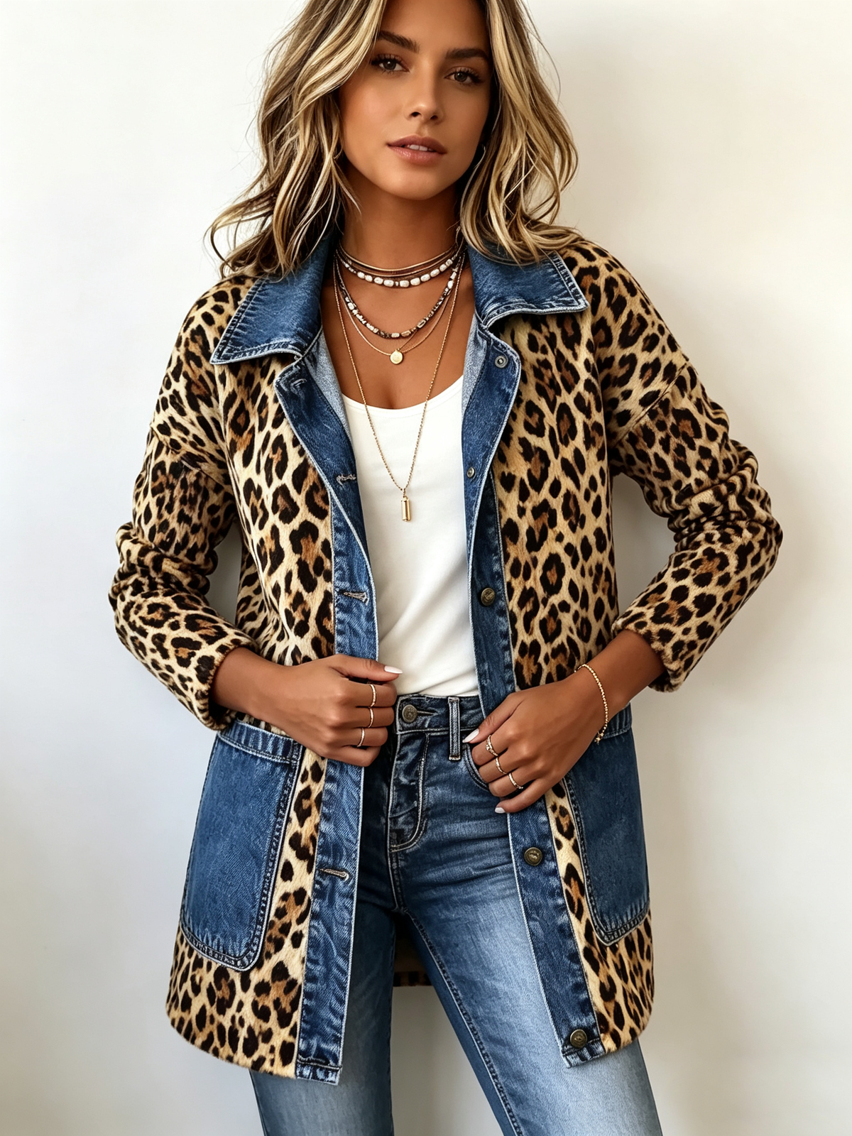 Lorena | Veste longue en denim à imprimé léopard