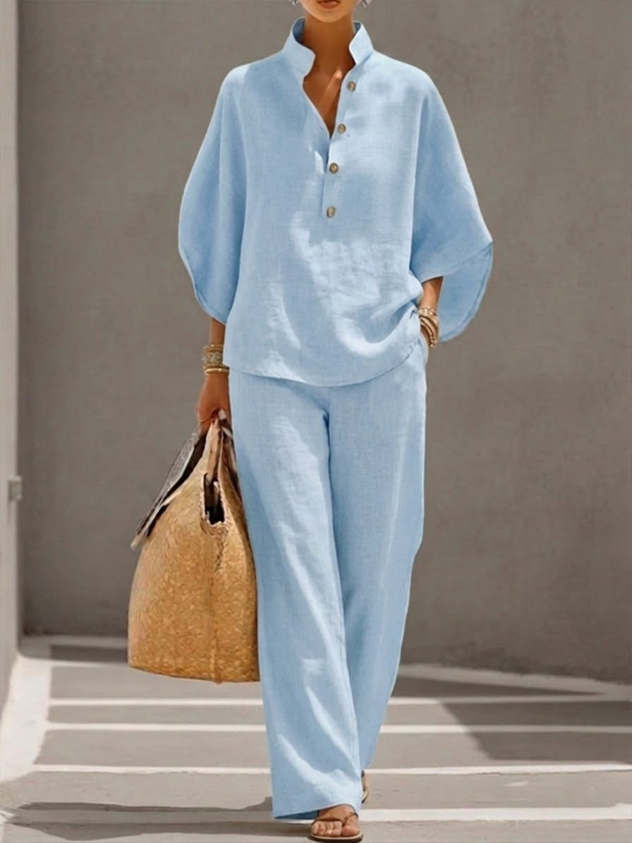 Mariel | Linen suit with batwing sleeves and wide legs