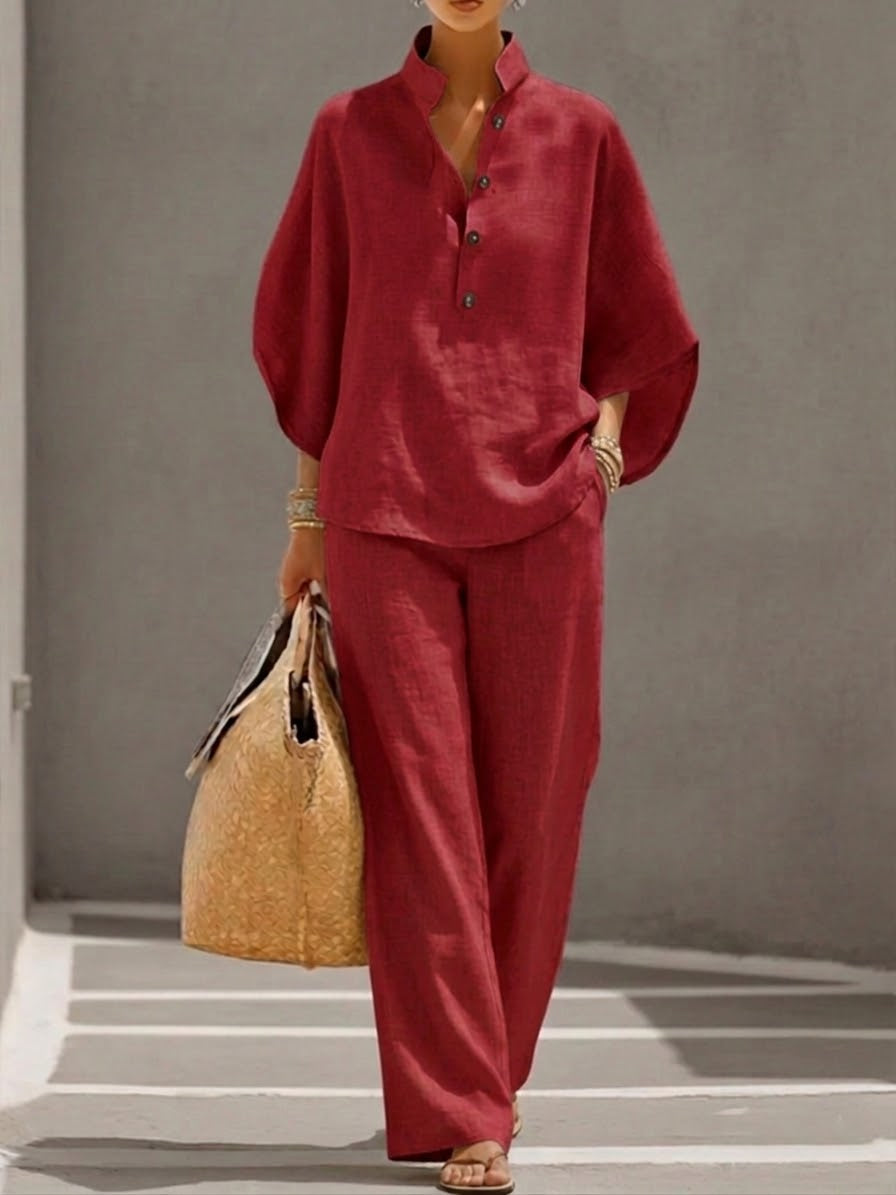 Mariel | Linen suit with batwing sleeves and wide legs